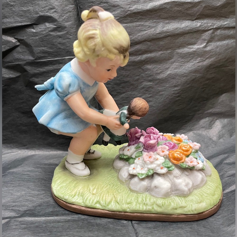 💙💙Vintage Figurine of Girl with Doll and Flowers titled Stop and Smell the Roses